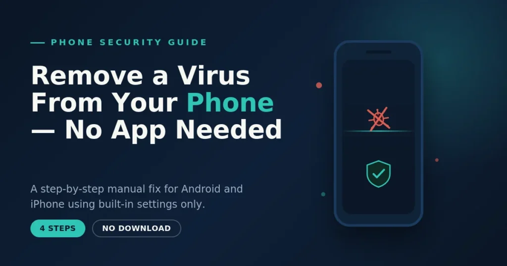 Remove virus from phone illustration showing a smartphone screen switching from a threat icon to a verified shield