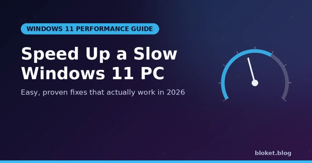 Speed up a slow Windows 11 PC with a performance gauge graphic on dark gradient