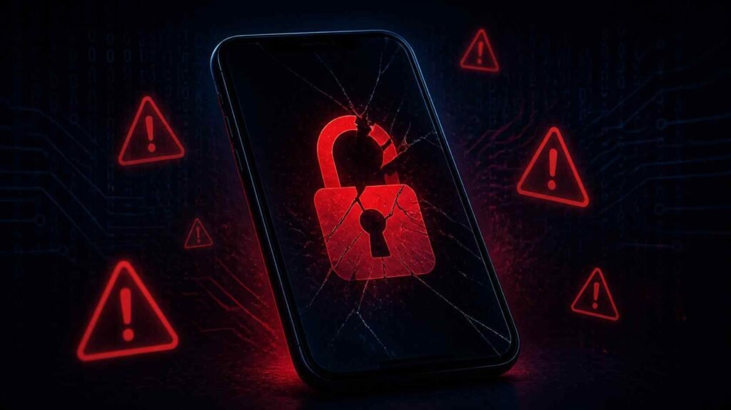 Smartphone with broken lock icon and warning symbols indicating a hacked phone