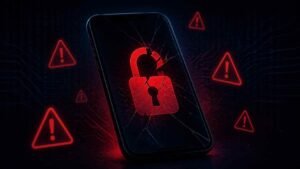 Smartphone with broken lock icon and warning symbols indicating a hacked phone