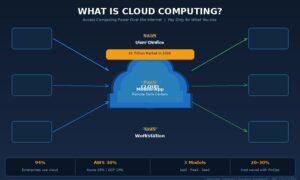 What is cloud computing — infographic showing devices connecting to a remote cloud with IaaS, PaaS, and SaaS service models and 2026 market statistics