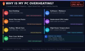 PC overheating causes infographic showing 7 reasons a computer overheats including dust buildup degraded thermal paste poor airflow and failing fans with severity color codes