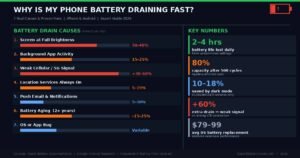Infographic showing 7 reasons why phone battery drains fast with percentage impact bars and key statistics for iPhone and Android users