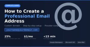 Alt: "Complete guide to creating a professional email address — showing custom domain format, setup time under 15 minutes, and top providers including Google Workspace, Microsoft 365, and Zoho Mail"