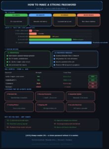 Infographic showing how to make a strong password in 2026 — including the 4 pillars of password security, length vs. crack time bar chart, passphrase and password manager methods, strong vs. weak examples, 6 common mistakes, and NIST SP 800-63B Rev. 4 updated rules.