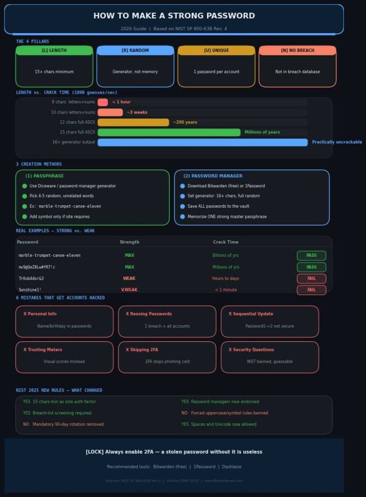 Infographic showing how to make a strong password in 2026 — including the 4 pillars of password security, length vs. crack time bar chart, passphrase and password manager methods, strong vs. weak examples, 6 common mistakes, and NIST SP 800-63B Rev. 4 updated rules.