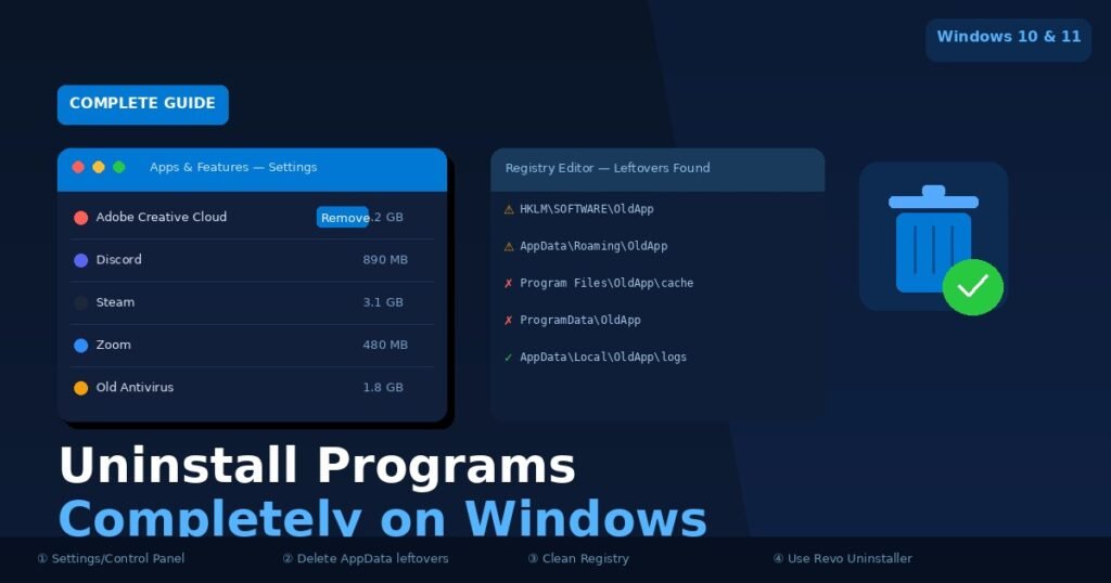 Complete guide to uninstall programs completely on Windows — remove leftover files and registry entries