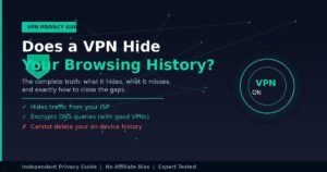 VPN browsing history privacy guide — shield icon on dark background showing what a VPN hides and what it doesn't