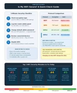 WiFi security infographic: 5-step checklist to check if your WiFi is secure, WEP vs WPA2 vs WPA3 protocol comparison, top 5 home network security mistakes, and a color-coded network risk level bar.