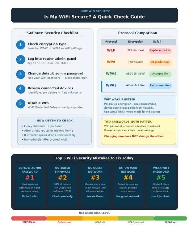 WiFi security infographic: 5-step checklist to check if your WiFi is secure, WEP vs WPA2 vs WPA3 protocol comparison, top 5 home network security mistakes, and a color-coded network risk level bar.